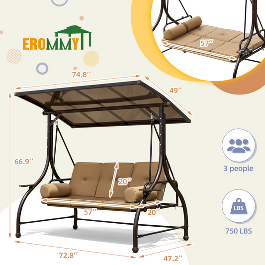 EROMMY 57in Outdoor Patio Swing with Hardtop, 3 person Bench with 2 Side Cup Holder, Convertible Backrest Swing Bed with Cushion, 2 Pillows