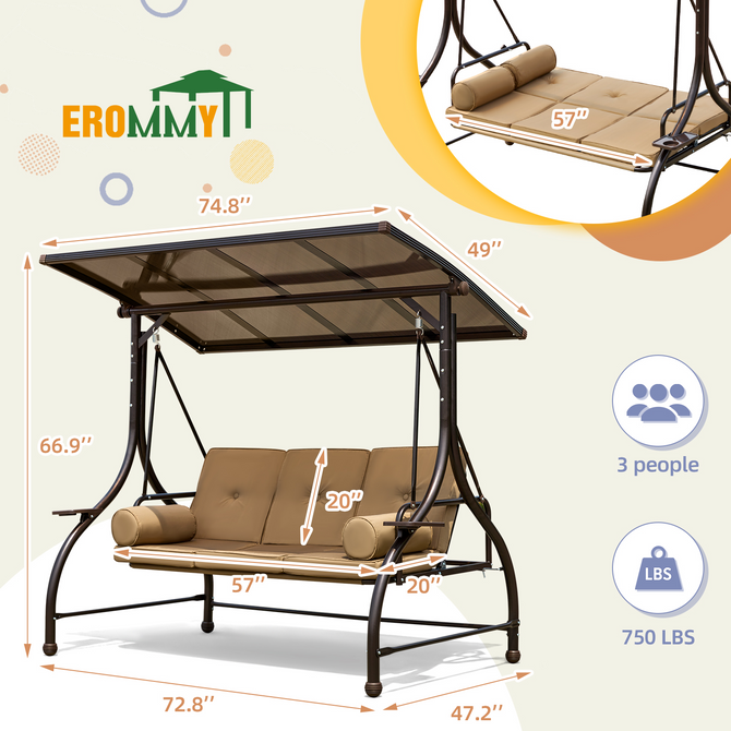 swing 　　no3 EROMMY 57in Outdoor Patio Swing with Hardtop, 3 person Bench