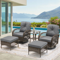 EROMMY Outdoor Patio Furniture Set - 5-Piece Wicker Conversation Set with Swivel Rocking Chairs, Ottomans, and Glass Coffee Table for Porch, Garden, and Deck, Grey