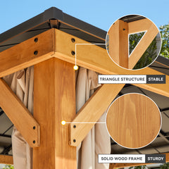 EROMMY 11' x 13' Outdoor Cedar Wood Hardtop Gazebo w/ Double Metal Roof, Curtains & Nettings