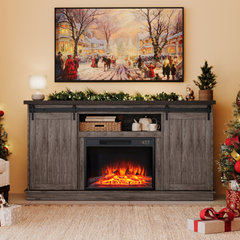 EROMMY 63 Inch Fireplace TV Stand with Electric Fireplace, Sliding Barn Doors, LED Flame Effect, Teak