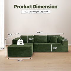 EROMMY 106 inch Cloud Sectional Couch with Chaise Lounge for Living Room Bedroom Apartment, Corduroy Fabric, Green