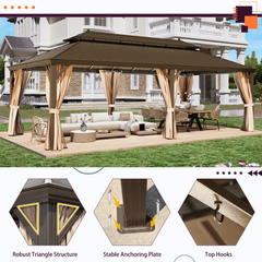 EROMMY 12' x 24' Hardtop Gazebo,Galvanized Steel Metal Double Roof Aluminum Frame with Curtain and Netting,Brown Permanent Pavilion Gazebo with Aluminum Frame for Patios,Gardens,Lawns
