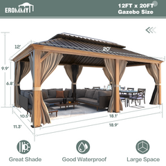 EROMMY Luxury 12' x 20' Hardtop Gazebo, Wooden Finish Coated Aluminum Frame Gazebo with Galvanized Steel Double Roof, Brown Metal Gazebo with Curtains and Nettings