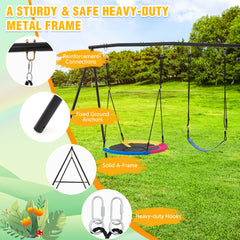 EROMMY Heavy-Duty A-Frame Metal Swing Set, 440lbs Capacity, Includes Saucer & Belt Swings, Outdoor Playground for Kids