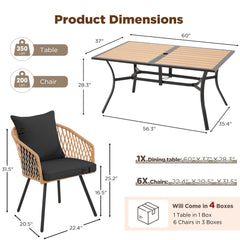 7-Piece Outdoor Dining Set – Rectangular Table with Umbrella Hole & 6 Rattan Chairs