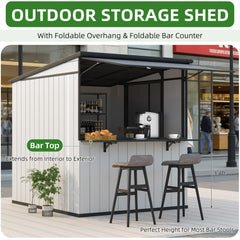 EROMMY 7x6 FT Outdoor Storage Shed with Foldable Bar Counter & Hydraulic Support Overhang, Metal Shed Backyard Bar Cabana, Lockable Small Shed for Outdoor Storage