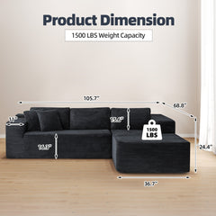 EROMMY 106 inch Cloud Sectional Couch with Chaise Lounge for Living Room, Corduroy Fabric, Black
