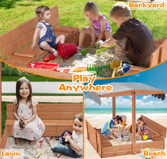 EROMMY Kids Sandbox with Cover, Height Adjustable Roof, Foldable Bench Seats for Aged 3-8, Wooden Outdoor Kids Sandbox, Sand Protection Line