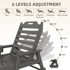 EROMMY 22" W Oversized Chaise Lounge Chairs, Adjustable HDPE Outdoor Chairs with Wheels & Cup Holder, Dark Grey
