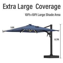 EROMMY 10x10ft Large Rectangular LED Cantilever Umbrella with 360° Rotation & 6 Adjustable Heights, Outdoor Patio Umbrella with Lights for Garden, Pool, Deck