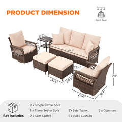 EROMMY 6-Piece Patio Set with Sofa, Swivel Rocking Chairs, Ottoman & Side Table, Brown