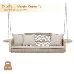 EROMMY 3 Seats Porch Swing Hanging Bench Swing Lounge Front Rattan Swing for Garden, Balcony, Beige