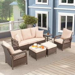 EROMMY 6-piece patio furniture set with swivel chairs, sofa, footstool, and side table for garden, backyard, and porch. Ideal for outdoor relaxation and style Brown