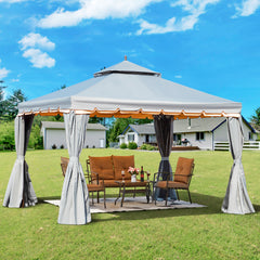Erommy 10' x 12' Outdoor Canopy Gazebo, Double Roof Patio Gazebo Steel Frame with Netting and Shade Curtains for Garden, Patio, Party Canopy, Grey