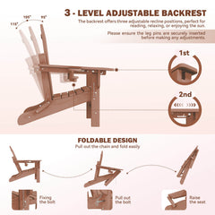EROMMY 3-Level  Adjustable Adirondack Chair with Retractable Ottoman, Folding HDPE Outdoor Chair with Cup Holders, Teak