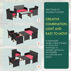 EROMMY 4-Piece Patio Furniture Set, Outdoor Wicker Patio Conversation Set with Cushions, Sofa & Glass Coffee Table, Red