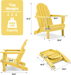 EROMMY Folding Adirondack Chair HDPE Poly Lumber Weather Resistant Balcony Porch Chairs Outdoor Chair for Patio, Lawn, Backyard, Yellow