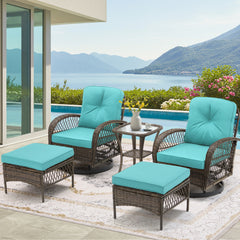 EROMMY Outdoor Patio Furniture Set - 5-Piece Wicker Conversation Set with Swivel Rocking Chairs, Ottomans, and Glass Coffee Table for Porch, Garden, and Deck，Blue