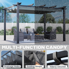 EROMMY Retractable Pergola 10x13 Ft, Outdoor Aluminum Shelter with Dual Adjustable Sun Shade Canopy for Patio Backyard, Locking System Includes Straps & Screws (Gray)