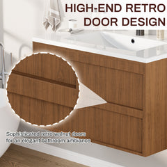 EROMMY 30 Inch Bathroom Vanity with Sink, Floating Bathroom Vanity with 2 Large Storage Drawers, Wood Grain Wall Mounted Bathroom Cabinet, Brown