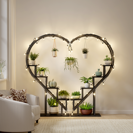 EROMMY 5 Tier Plant Stand Indoor, Heart-Shape Plant Shelf with Hanging Hook, Multiple Planter Display, Black