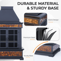EROMMY 57" Outdoor Fireplace, Tile Finish Wood Burning Steel Fire Pit with Removable Ash Pan & Grate, Chimney, Fire Poker, Rain Cover