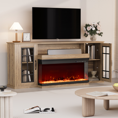 EROMMY 70" 3-Sided Glass Fireplace TV Stand,Modern Media Console,12 Color Flames, Fits TVs up to 80", Walnut