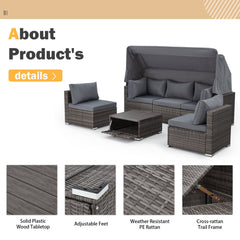 erommy 6 pcs outdoor sectional sofa daybed with canopy, adjustable backrest and coffee table, gray 