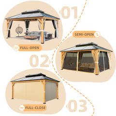 EROMMY 12'x 16' Hardtop Gazebo, Wood Outdoor Gazebo, Polycarbonate Double Roof, Netting and Curtains, Patio Gazebo