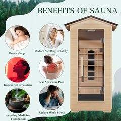 EROMMY Outdoor Sauna 1 Person, Far Infrared Wooden Sauna, Personal Sauna with Bluetooth Speaker and Changeable Chromotherapy Lighting