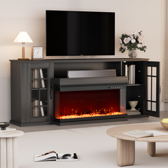 EROMMY 70" 3-Sided Glass Fireplace TV Stand,Modern Media Console, 12 Color Flames,Fits TVs up to 80",  Black