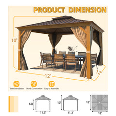 EROMMY 12' x 12' Hardtop Gazebo Faux Wood Grain Metal Ganopy with Aluminum Frame, Galvanized Steel Double Roof