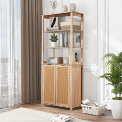 EROMMY Rattan Bookcase with cabinet, Heavy Duty Freestanding Bookcase With Storage Open Display, Beige