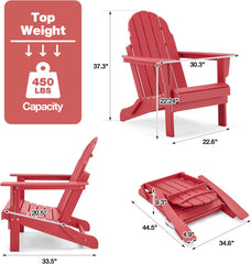 EROMMY Folding Adirondack Chair HDPE Poly Lumber Weather Resistant Balcony Porch Chairs Outdoor Chair for Patio, Lawn, Backyard, RED