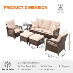 EROMMY 6-piece patio furniture set with swivel chairs, sofa, footstool, and side table for garden, backyard, and porch. Ideal for outdoor relaxation and style Brown