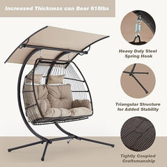 EROMMY Swing Egg Chair, 2 Person Double Hanging Chair, Foldable Hammock Chair with Stand and Cushion, Porch Swing with Removable Canopy for Garden