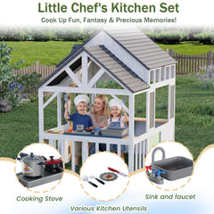 EROMMY Outdoor Play House for Kids, Elevated Roof Wooden Kids Playhouse with Kitchen Toys, Blackboard,Magnetic Door, Flowerpot Holders, Pet Hole, Clock,Black and White