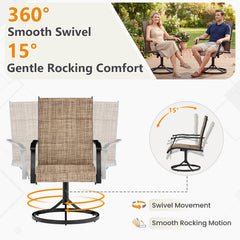 EROMMY Patio Swivel Chairs Set of 4, 360° Swivel, 15° Rocking, Outdoor Dining Chairs with Padded All Weather Quick-Drying Textilene High Back & Metal Frame, Brown