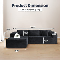 EROMMY 106 inch Cloud Sectional Couch with Chaise Lounge for Living Room Bedroom Apartment, Corduroy Fabric, Black
