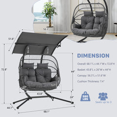 EROMMY Double Egg Chair with Canopy, Comfortable Woven Rattan Base with Thick UV Resistant Cushions and Metal Frame, Porch Swing Loveseat for Backyard