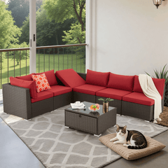 EROMMY 7 Pcs Outdoor Rattan Furniture Set with Coffee Table, Wine Red