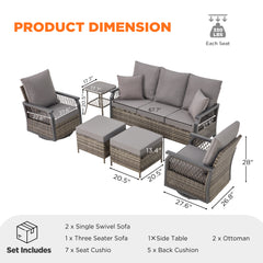 EROMMY 6-Piece Patio Swivel Chair Set – Wicker Sofa, Rocking Chairs, Ottoman & Table, Grey