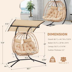 EROMMY Double Egg Chair with Adjustable Canopy, Oversized Hanging Swing Chair, Hammock Chair with Cushion Basket Hammock Nest Chair, Swinging Love seat for Outdoor Patio, Balcony, Garden