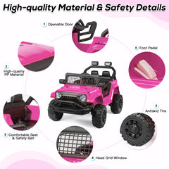 EROMMY Kids Jeep Car, 12V Ride on Electric Vehicles w/Parent Remote Control, 4WD SUV w/Safety Belt, Music and Lights, Pink