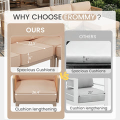 EROMMY 6-Piece Aluminum Outdoor Sectional Sofa Set with Ottoman, Cushions & Coffee Table, Beige