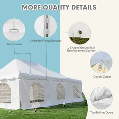 EROMMY 20x30ft Pole Party Tent with Sidewalls, 2 Doors, Carry Bags, PVC Fire Retardant, Large Tents for Parties, Events, Weddings, White