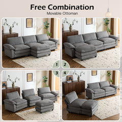 EROMMY 120.8'' Convertible L Shaped Sofa Bed couch, 3 Seat Sectional Couch With Ottoman, Deep Seat Couches for Modern Living Room/Office, Light Gray