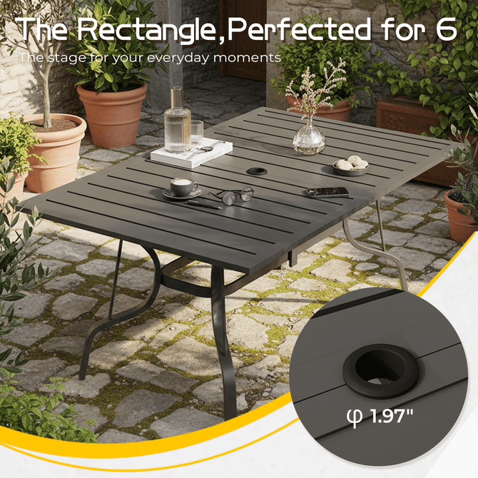 EROMMY 7-Piece Outdoor Patio Dining Set, 6 Wicker Swivel Rocking Chairs with Cushions & Rectangular Table with Adjustable Umbrella Hole, Black
