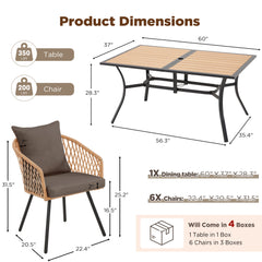 7-Piece Outdoor Dining Set – Rectangular Table with Umbrella Hole & 6 Rattan Chairs